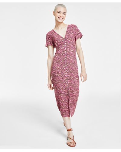 Lucky Brand Floral Print Button Front Midi Dress - Pink