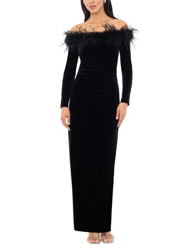 Xscape Off-the-shoulder Feather-trim Velvet Gown - Black