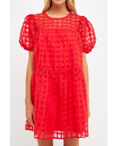 English Factory Gridded Puff Sleeve Dress - Red