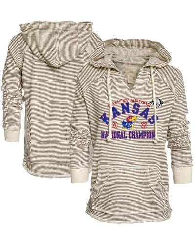 Blue 84 Cream And Gray Kansas Jayhawks 2022 Ncaa Basketball National Champions French Terry V-neck Pullover Hoodie - Multicolor