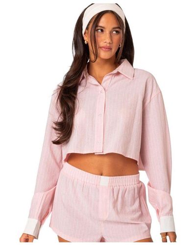 Edikted Lea Cropped Button Up Shirt - Pink