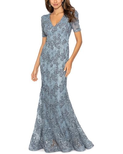 Xscape Floral Soutache Sequin Puff-sleeve Lace Gown - Blue