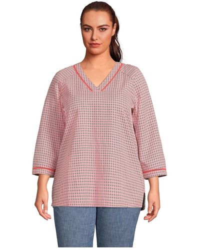Lands' End Plus Size Rayon 3/4 Sleeve V Neck Tunic Top - Pink