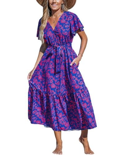 CUPSHE Floral Print V-neck Lace Maxi Beach Dress - Purple