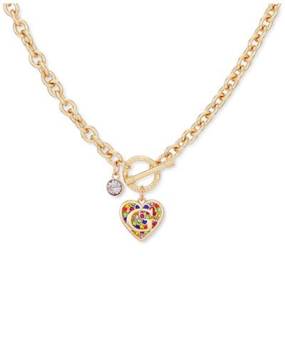 Guess Tone Rainbow Pave Logo Heart 17" Pendant Necklace - Metallic