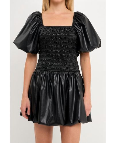 Endless Rose Pu Leather Smocked Balloon Detail Mini Dress - Black