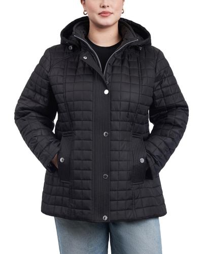 London Fog Plus Size Hooded Quilted Water-resistant Coat - Black