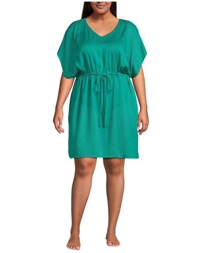 Lands' End Plus Size Sheer Over D Short Sleeve Gathered Waist Swim Cover-up Dress - Green