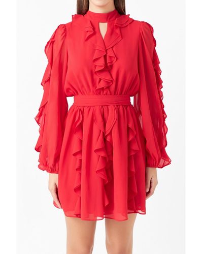 Endless Rose Chiffon Ruffled V Mini Dress - Red