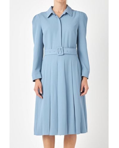 English Factory Pleated Collared Long Sleeve Midi Dress - Blue