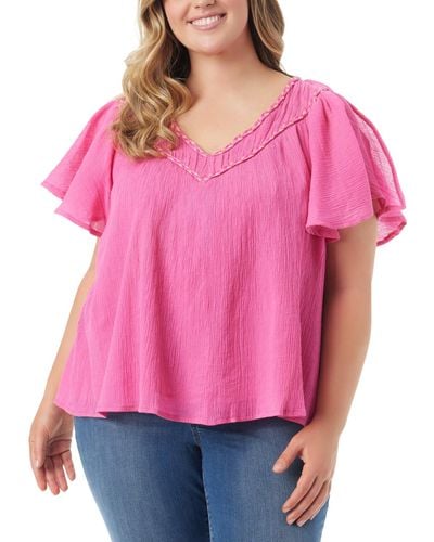 Jessica Simpson Trendy Plus Size Serenity Cotton Flutter-sleeve V-neck Top - Pink