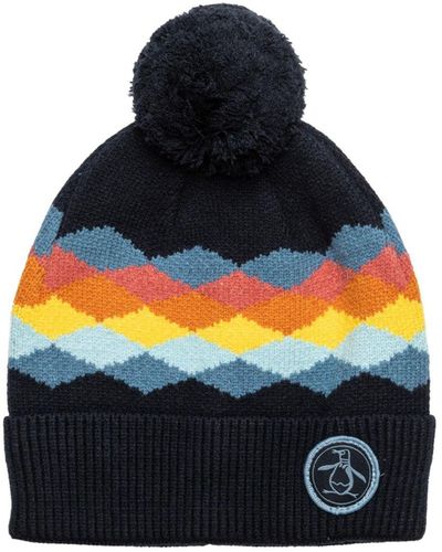 Original Penguin Jacquard Knit Cuff Pom Beanie Hat - Blue