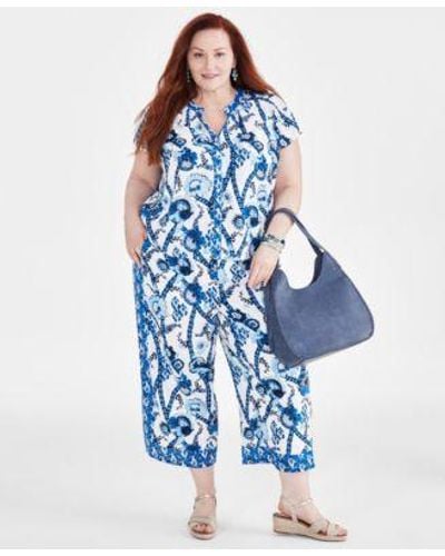 Style & Co. Style Co Plus Size Printed Button Front Top Printed Cropped Wide Leg Pants Created For Macys - Blue