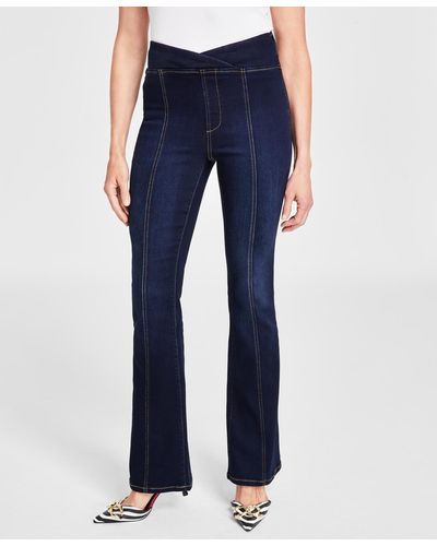 INC International Concepts High Rise Asymmetrical Seamed Bootcut Jeans - Blue