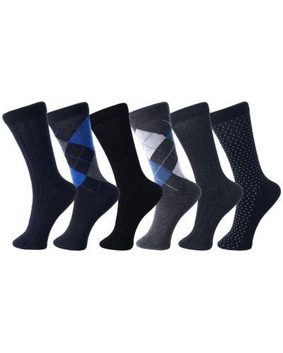 Alpine Swiss 6 Pack Cotton Dress Socks Mid Calf Argyle Pattern Solids Set - Blue