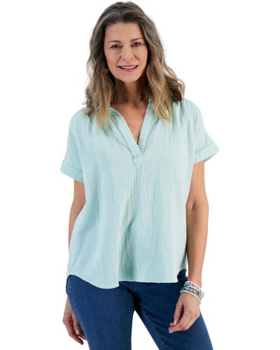 Style & Co. Petite Cotton Short-sleeve Camp Shirt - Blue