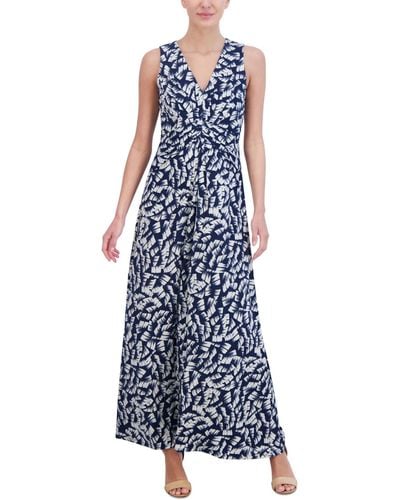Jessica Howard Petite Printed V-neck Sleeveless Maxi Dress - Blue