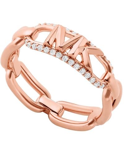 Michael Kors 14k Rose Gold Plated Sterling Silver Pave Empire Link Chain Ring - Pink