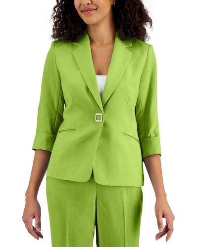 Kasper Petite Linen-blend Button-front 3/4-sleeve Notch-lapel Blazer - Green