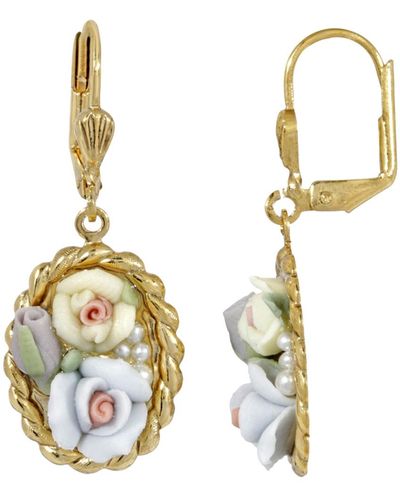 2028 Gold Tone And Ivory Porcelain Flower Drop Earrings - Blue