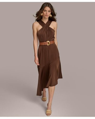 Donna Karan Halter-neck Belted Midi Dress - Brown