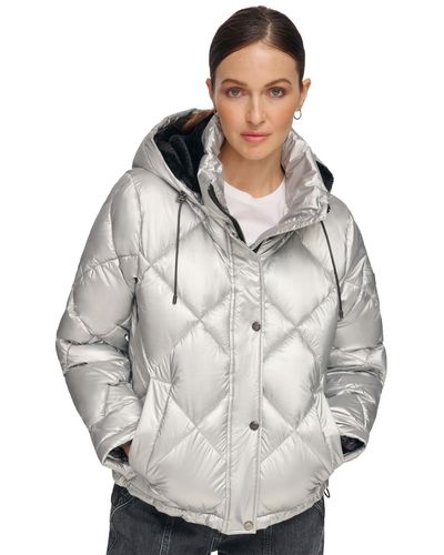 DKNY Diamond Quilted Hooded Puffer Coat - Gray