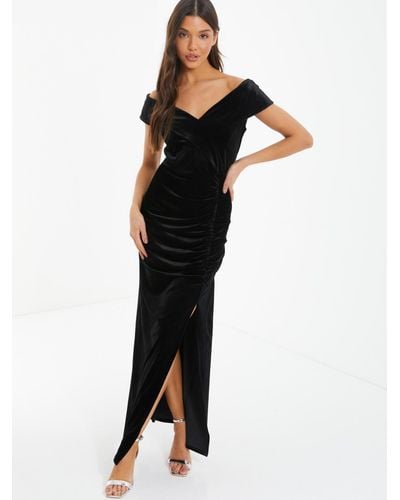 Quiz Velvet Bardot Ruched Maxi Dress - Black