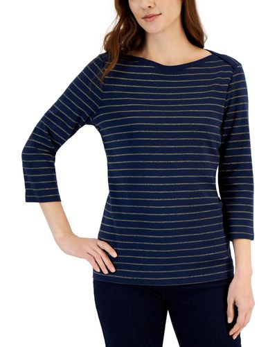 Style & Co. Petite Holly Stripe 3/4-sleeve Boat-neck Top - Blue