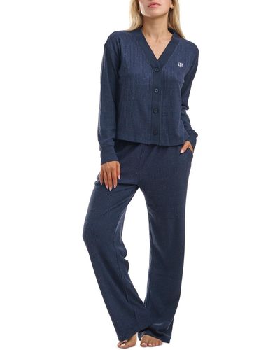 Tommy Hilfiger Speckled Waffle-knit Cardigan Top And Pajama Pants Set - Blue