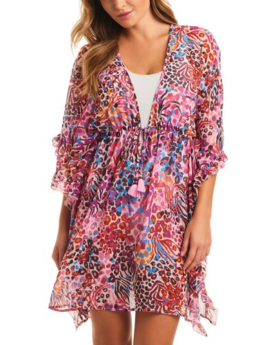 Jessica Simpson Abstract-print Side-frill Cover-up Dress - Red