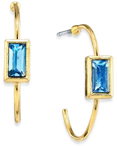 2028 14k Gold-tone Square Crystal Open Hoop Stainless Steel Post Small Earrings - Blue