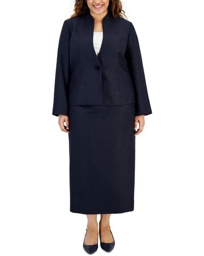 Le Suit Plus Size Shimmer Tweed Jacket & Midi Skirt - Blue