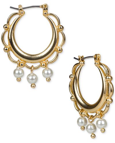 Patricia Nash Gold-tone Imitation Pearl Charm Scalloped Hoop Earrings - Metallic