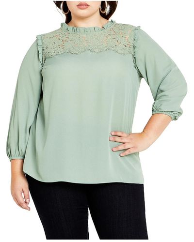 City Chic Plus Size Lace Angel Elbow Sleeve Top - Green