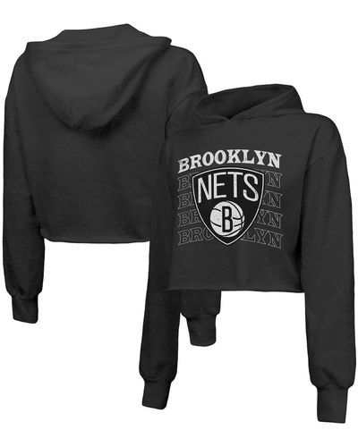 Majestic Threads Brooklyn Nets Repeat Cropped Tri-blend Pullover Hoodie - Black