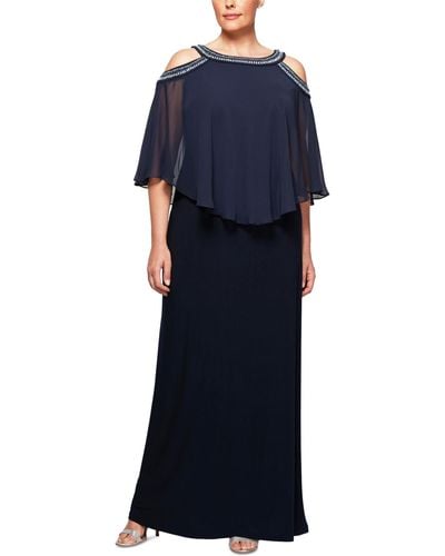 Alex Evenings Plus Size Beaded Cold-shoulder Overlay Gown - Blue