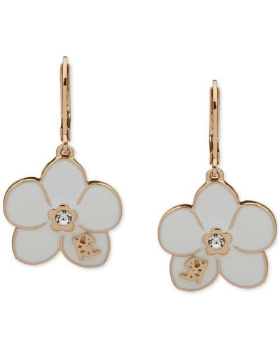 Karl Lagerfeld Gold-tone Pave White Flower Logo Drop Earrings - Metallic