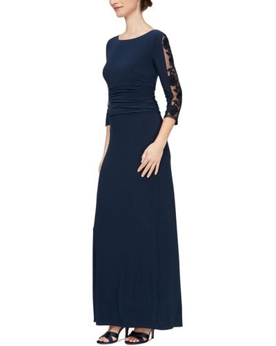 Sl Fashions Petite Embroidered Ruched Gown - Blue