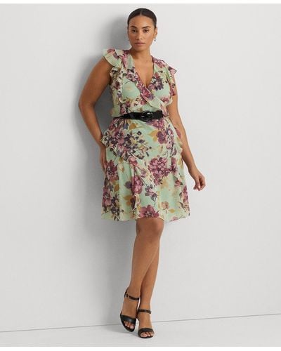 Lauren by Ralph Lauren Plus Size Ruffled Crinkle Georgette Dress - Multicolor