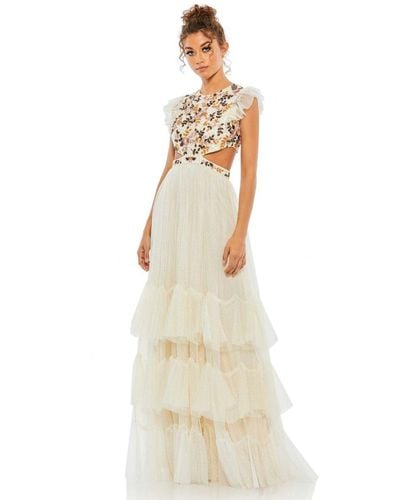 Mac Duggal Embroidered Bodice Cap Sleeve Ruffle Tiered Gown - Natural