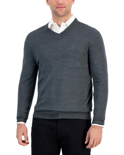 Alfani Long-sleeve V-neck Merino Sweater - Blue