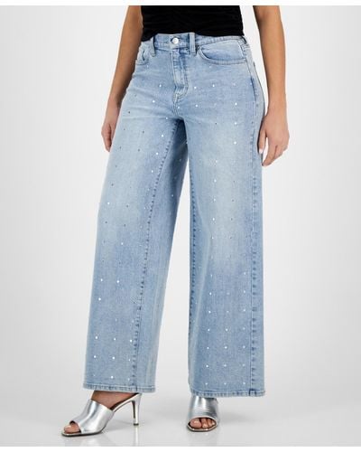 DKNY High Rise Studded Wide Leg Jeans - Blue