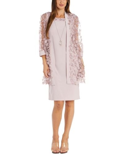 R & M Richards Petite 3d Floral Mesh Jacket & Necklace Dress Set - Pink
