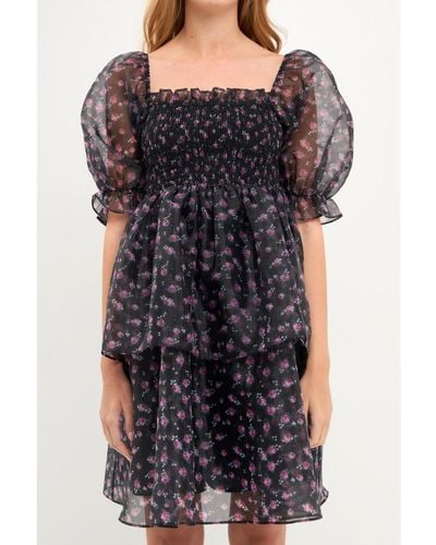 Endless Rose Floral Organza Double Ruffled Baby Doll Dress - Black