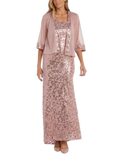 R & M Richards Sequinned Long Dress And Jacket - Pink