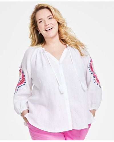Charter Club Plus Size 100% Linen Embroidered Blouse - White