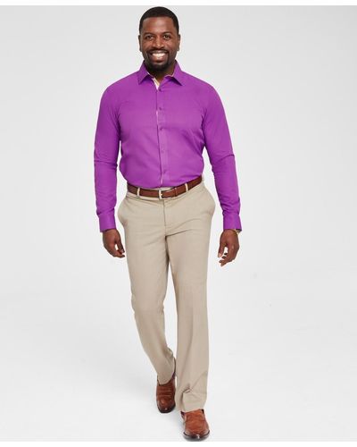 Tayion Collection Slim-fit Gold Trim Solid Dress Shirt - Purple