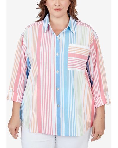 Ruby Rd. Plus Size Striped Cotton Poplin Button Front Top - Red