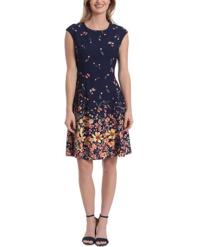 London Times Scattered Floral-print Fit & Flare Dress - Blue