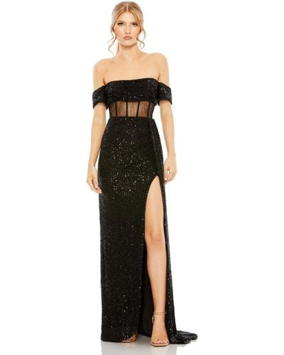 Mac Duggal Sequined Gown With Sheer Corset Waist And Slit - Black